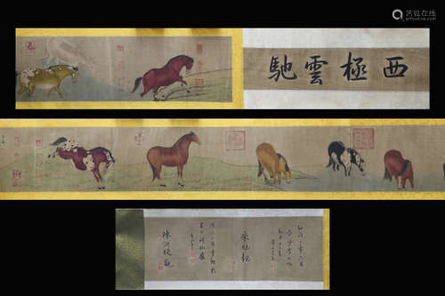 ZHAO MENGFU: INK AND COLOR ON HORIZONTAL SCROLL 'HORSES'