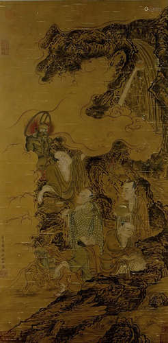 A CHINESE ARHAT PAINTING SILK SCROLL, TANG YIN MARK