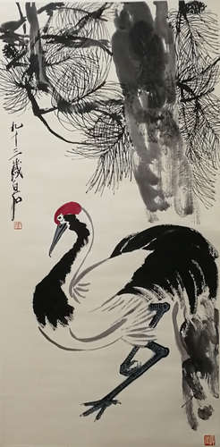 A CHINESE PINE AND CRANE PAINTING, QI BAISHI MARK