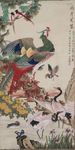 A CHINESE FLOWER AND BIRDS PAINTING SCROLL, YU FEI'AN MARK
