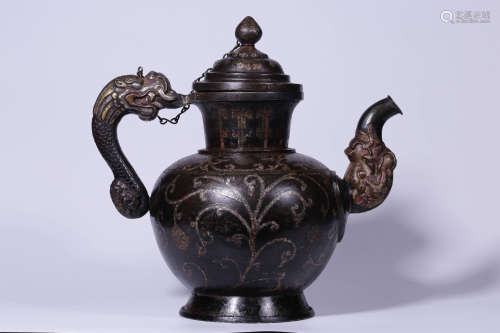 TIBETAN BRONZE CAST AND SILVER INLAID 'MYTHICAL BEAST' TEAPOT