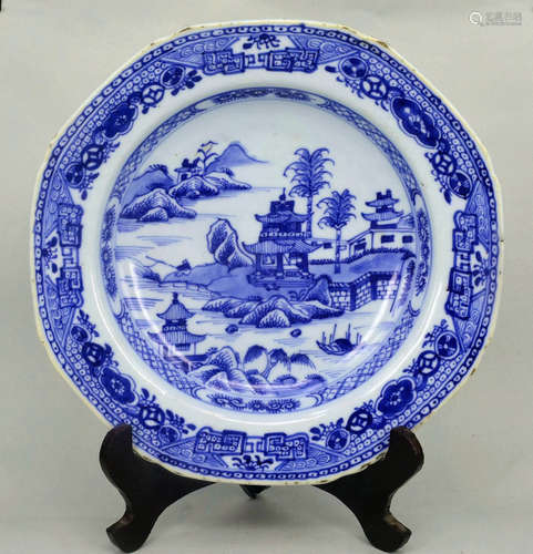 A BLUE AND WHITE LANDSCAPE PAVILION PORCELAIN PLATE