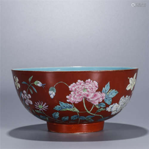 “雍正年制”款 珊瑚红釉粉彩花卉纹碗