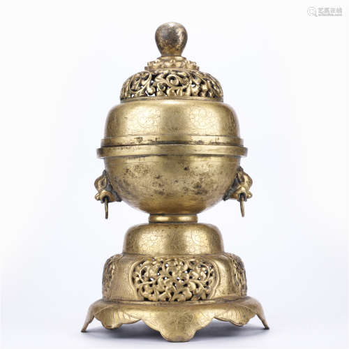 铜鎏金錾刻缠枝花卉纹狮耳衔环高足盖熏炉