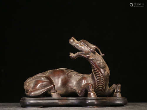 ZITAN WOOD CARVED 'MYTHICAL BEAST' RECUMBENT FIGURE