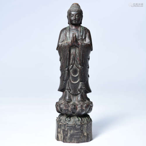 A RED SANDALWOOD CARVED STANDING BUDDHA STATUE