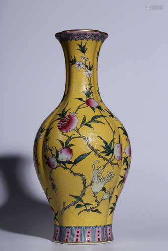 FAMILLE ROSE YELLOW GROUND 'FRUITS' LOBED VASE