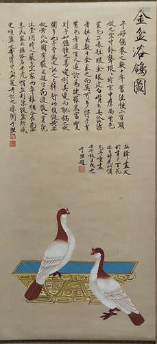 A CHINESE  PIGEONS PAINTING SCROLL, YU FEI'AN MARK