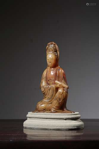 SHOUSHAN SOAPSTONE CARVED AND PAINTED 'GUANYIN' SEATED FIGURE