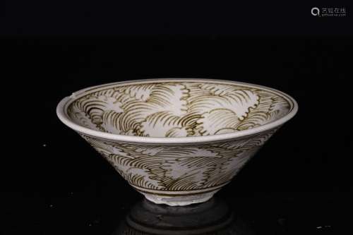WHITE GLAZED BLACK PAINTED 'OCEAN WAVES' CONICAL BOWL