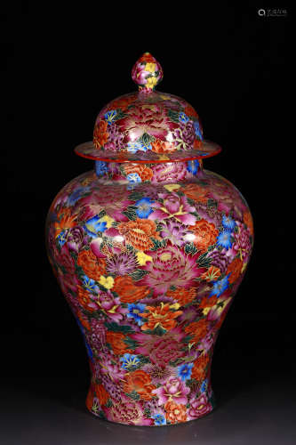 FAMILLE ROSE AND GILT 'FLOWERS' VASE WITH LID