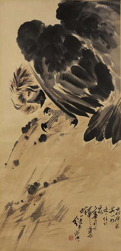 A CHINESE EAGLE PAINTING SCROLL, LIU JIYOU MARK