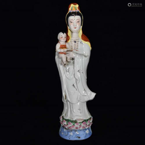 A LOTUS GIVING BIRTH GUANYIN PORCELAIN STATUE
