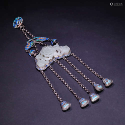A JADE INALID SILVER BLUEING FLORAL PENDANT