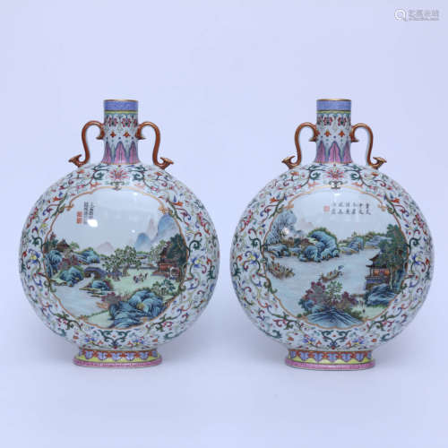 A PAIR OF FAMILLE ROSE FLORAL LANDSCAPE INSCRIBED GILT-INLAID PORCELAIN DOUBLE EARS VASES