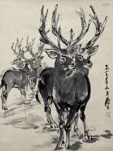 A CHINESE DEER PAINTING, HUANG ZHOU MARK