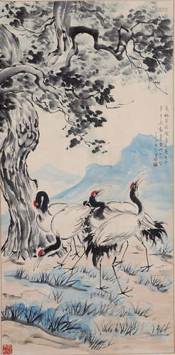 A CHINESE PINE AND CRANE PAINTING SCROLL, XU BEIHONG MARK