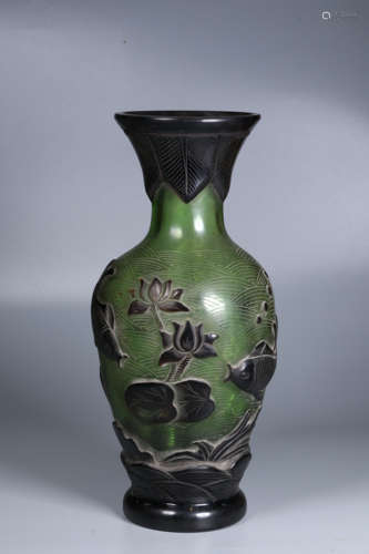 GREEN GLASS OVERLAY 'POND SCENERY' VASE