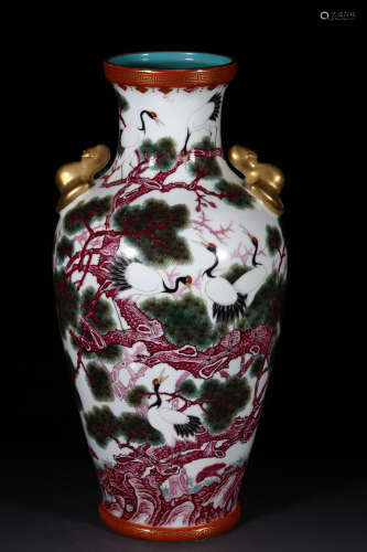 FAMILLE ROSE 'CRANES AND PINE TREES' VASE WITH HANDLES