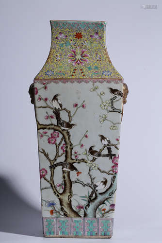 FAMILLE ROSE 'MAGPIE BIRDS AND PLUM FLOWERS' RECTANGULAR VASE