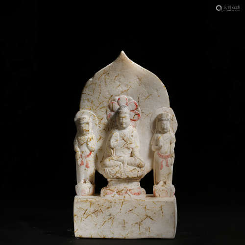 A WHITE MARBLE CARVED THREE STATUES ORNAMENT