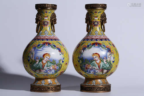 PAIR OF CLOISONNE ENAMELED OPEN MEDALLION 'WESTERNERS' VASES