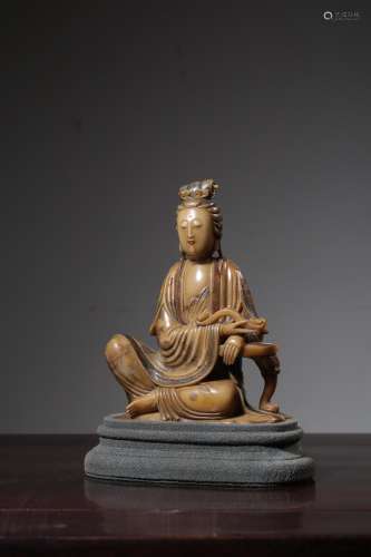 SHOUSHAN SOAPSTONE CARVED AND PAINTED 'GUANYIN' SEATED FIGURE