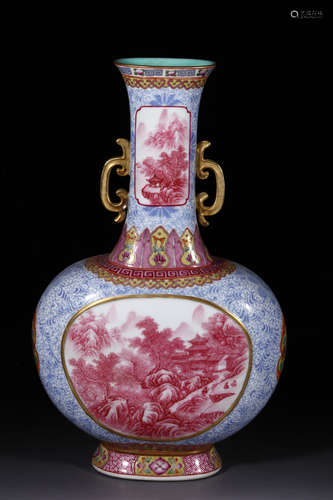 BLUE AND WHITE UNDERGLAZED RED OPEN MEDALLION 'LANDSCAPE SCENERY' VASE WITH GILT HANDLES