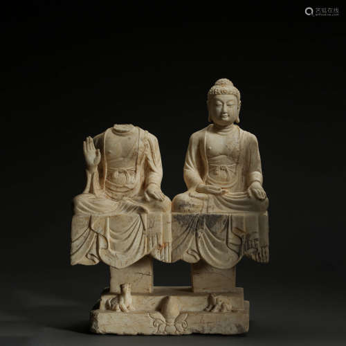 A WHITE MARBLE CARVED TWO BUDDHAS STATUE