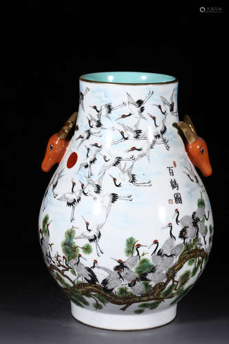 FAMILLE ROSE 'HUNDRED CRANES' VASE WITH DEER MASK HANDLES