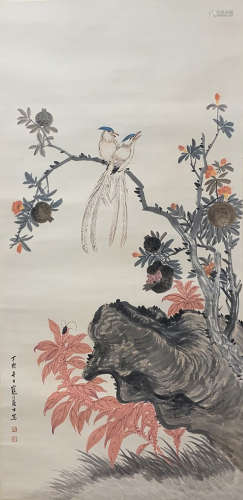 A CHINESE FLOWER&BIRD PAINTING SCROLL, JIANG HANTING MARK