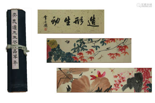 A CHINESE FLOWERS AND INSECT PAINTING, QI BAISHI MARK