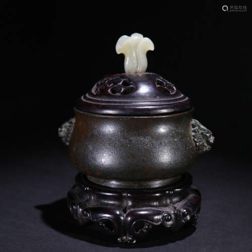 A COPPER DRAGON EARS INCENSE BURNER WITH STANDING