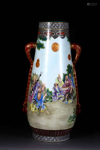 FAMILLE ROSE AND GILT 'ARHATS' VASE WITH HANDLES