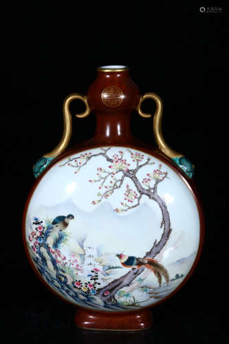 WOOD GRAIN GLAZED OPEN MEDALLION 'BIRDS AND FLOWERS' MOON FLASK WITH HANDLES