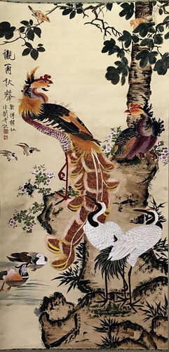 A CHINESE PHOENIX AND CRANE PAINTING SCROLL, YU FEI'AN MARK