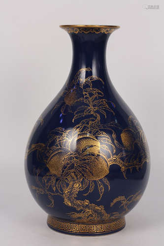 QING--CHINESE BLUE GROUND GILT PEACHES PORCELAIN VASE