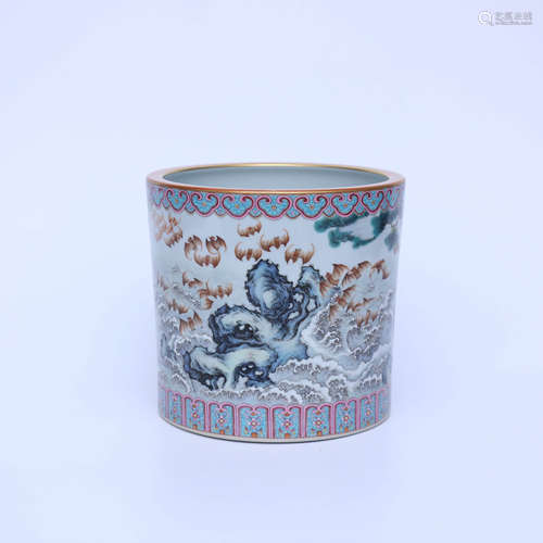 AN ENAMEL WAVE AND BATS PORCELAIN BRUSH POT