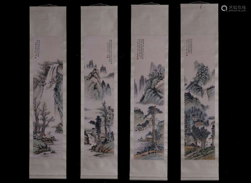 HUANG JUNBI: SET OF FOUR INK AND COLOR ON PAPER PAINTINGS 'LANDSCAPE SCENERY'
