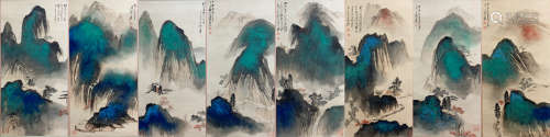 8 PIECES CHINESE SPLASH-COLOR LANDSCAPE PAINTING SCREENS, ZHANG DAQIAN MARK