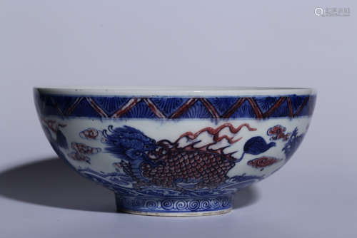 BLUE AND WHITE UNDERGLAZED RED 'QILIN' BOWL