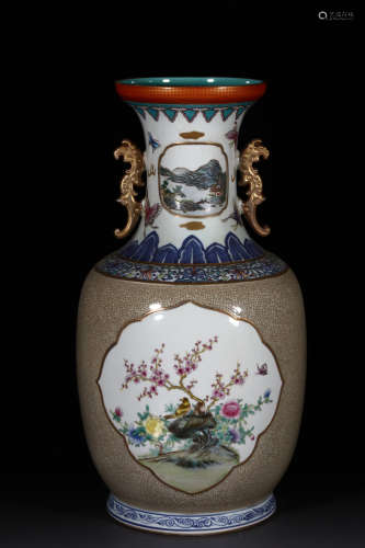 FAMILLE ROSE OPEN MEDALLION 'FLOWERS AND BIRDS' VASE WITH HANDLES