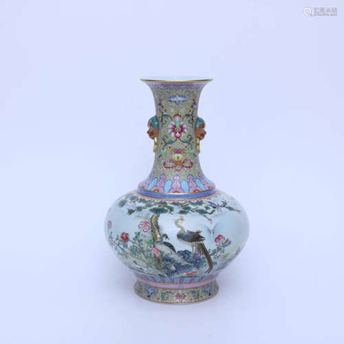 AN ENAMEL FLOWER&BIRD PATTERN PORCELAIN INSCRIBED BEAST EARS VASE