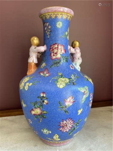 Chinese Qing Qianlong blue glazed vase with floral children pattern