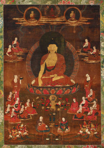 西藏 十八世纪 释伽牟尼与十八罗汉唐卡