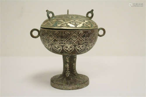 Chinese archaic style bronze dou with inlaid H:23CM