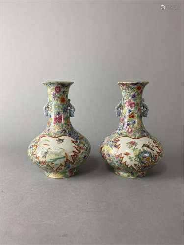 Pair of Chinese famille rose floral fine porcelain