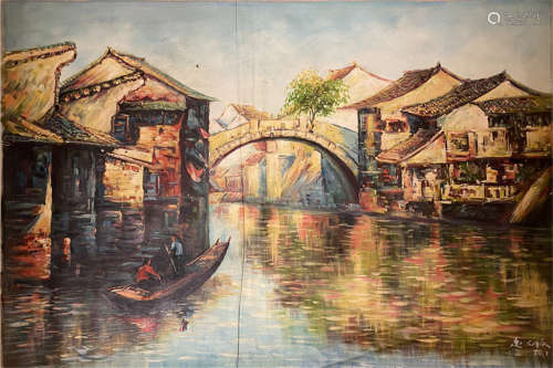 Chinese oil painting on canvas of river countryside