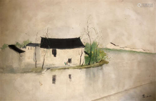 Chinese oil painting on canvas of river countryside with white houses
