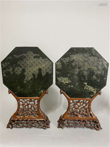 A pair of Chinese jade Character drawing screen with rosewood bases